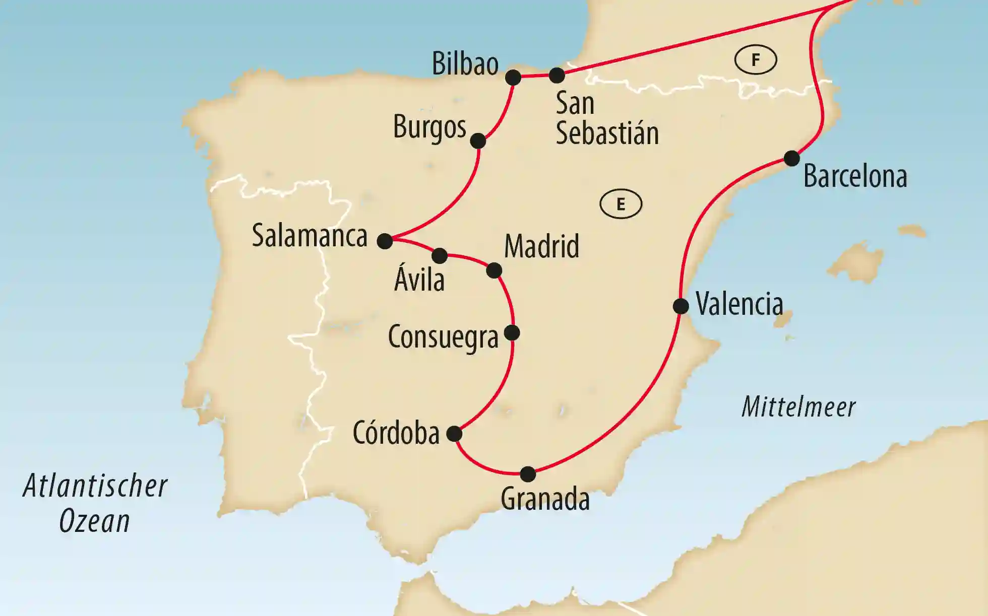 Übersichtskarte von Spanien mit markierter Reiseroute durch Barcelona, Valencia, Madrid, Córdoba, Granada, Salamanca, Burgos, Bilbao und San Sebastián