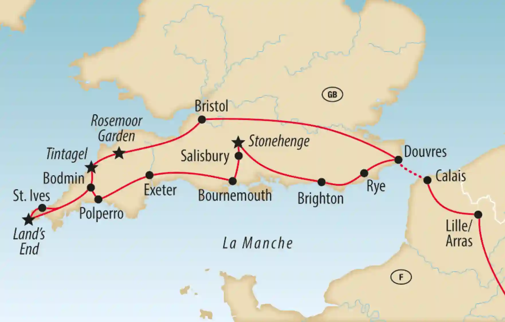 Carte générale du sud de l Angleterre et du nord de la France avec itinéraire marqué passant par Douvres, Stonehenge et la Cornouailles