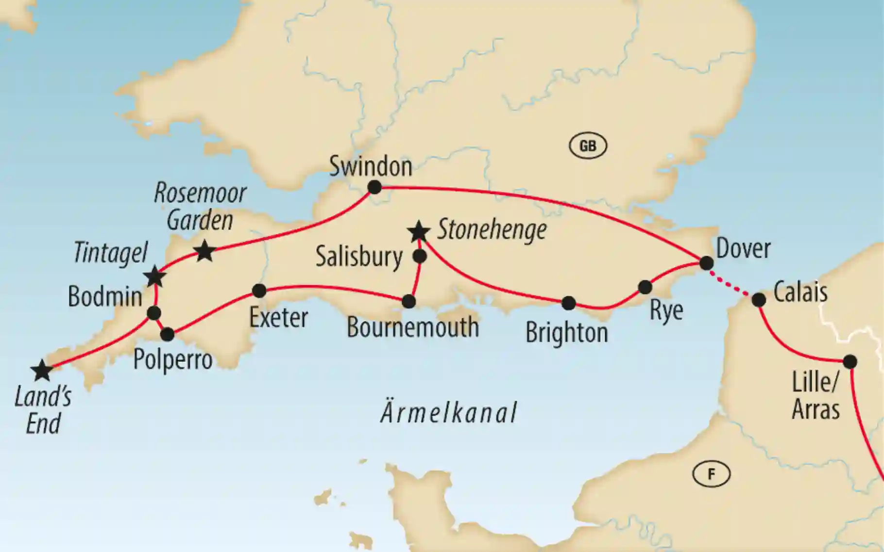Übersichtskarte von Suedengland und Nordfrankreich mit markierter Reiseroute über Dover, Stonehenge und Cornwall