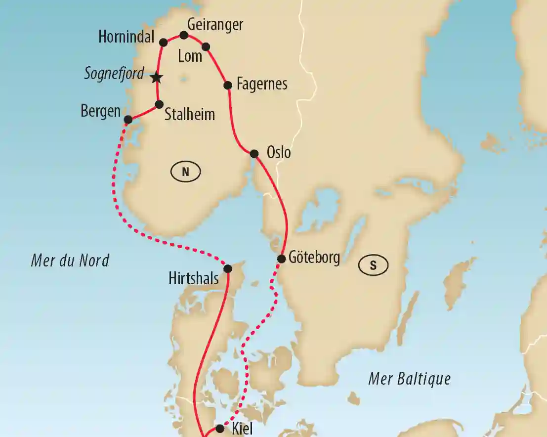 Carte de Scandinavie avec itinéraire tracé, étapes comme Oslo, Göteborg, Bergen, Sognefjord, Geiranger, Lom et Hirtshals
