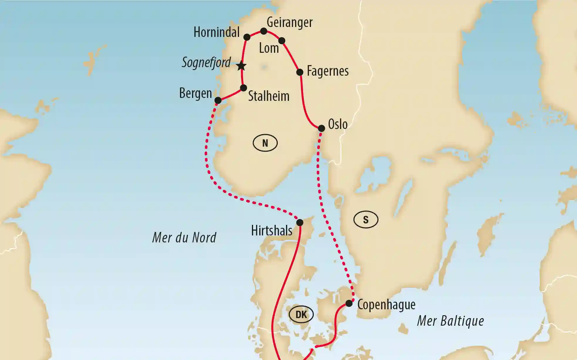 Carte de Scandinavie avec itinéraire tracé, étapes comme Oslo, Göteborg, Bergen, Sognefjord, Geiranger, Lom et Hirtshals