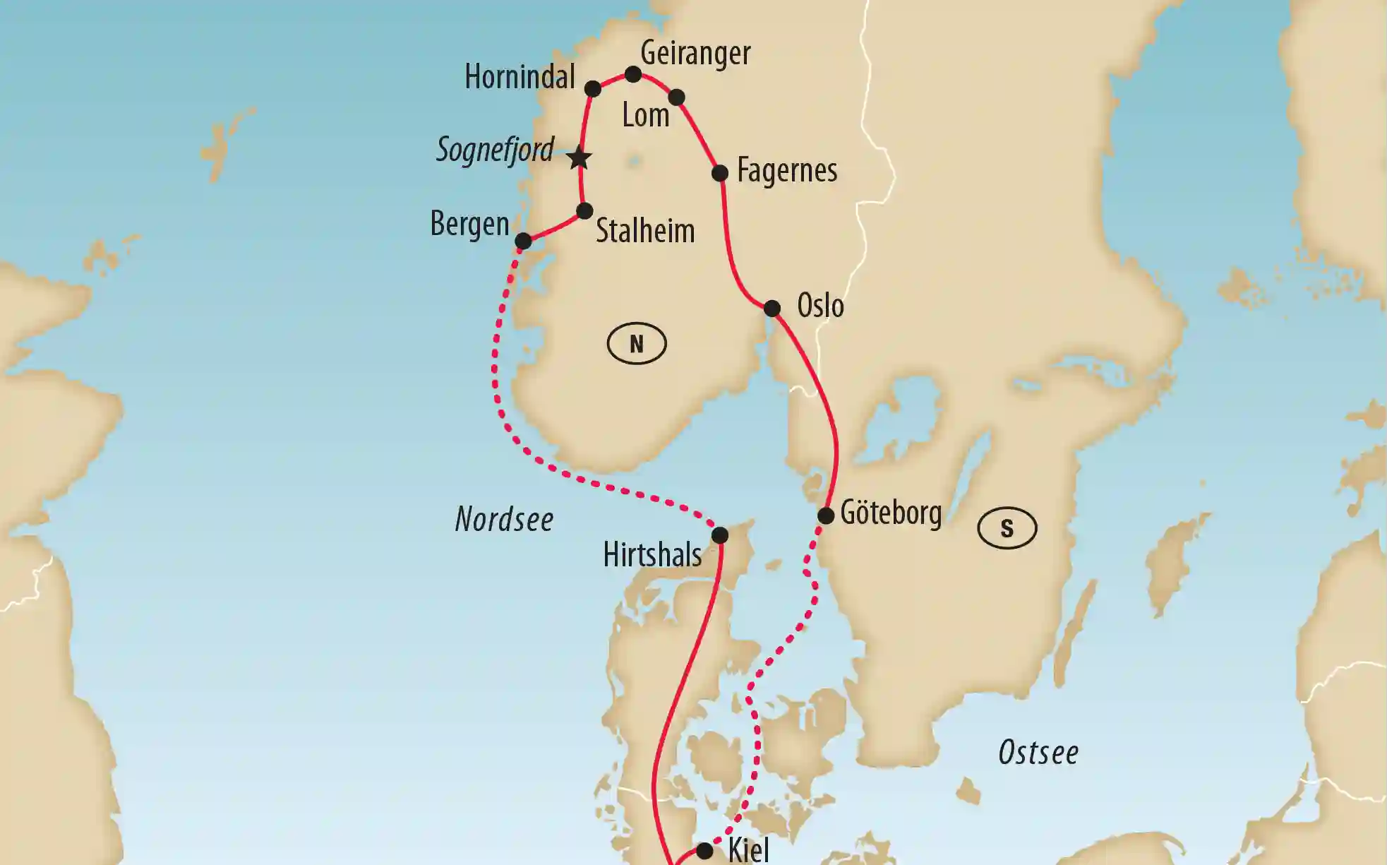 Karte von Skandinavien mit eingezeichneter Reiseroute, Stationen wie Oslo, Göteborg, Bergen, Sognefjord, Geiranger, Lom und Hirtshals
