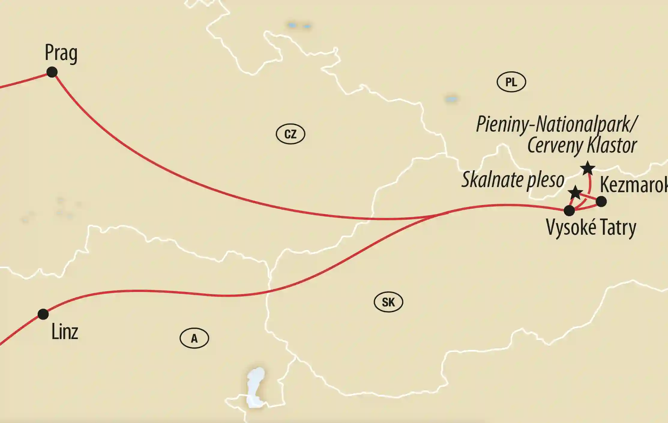 Karte mit Reiseroute durch Mitteleuropa von Prag über die Hohe Tatra mit markierten Stationen