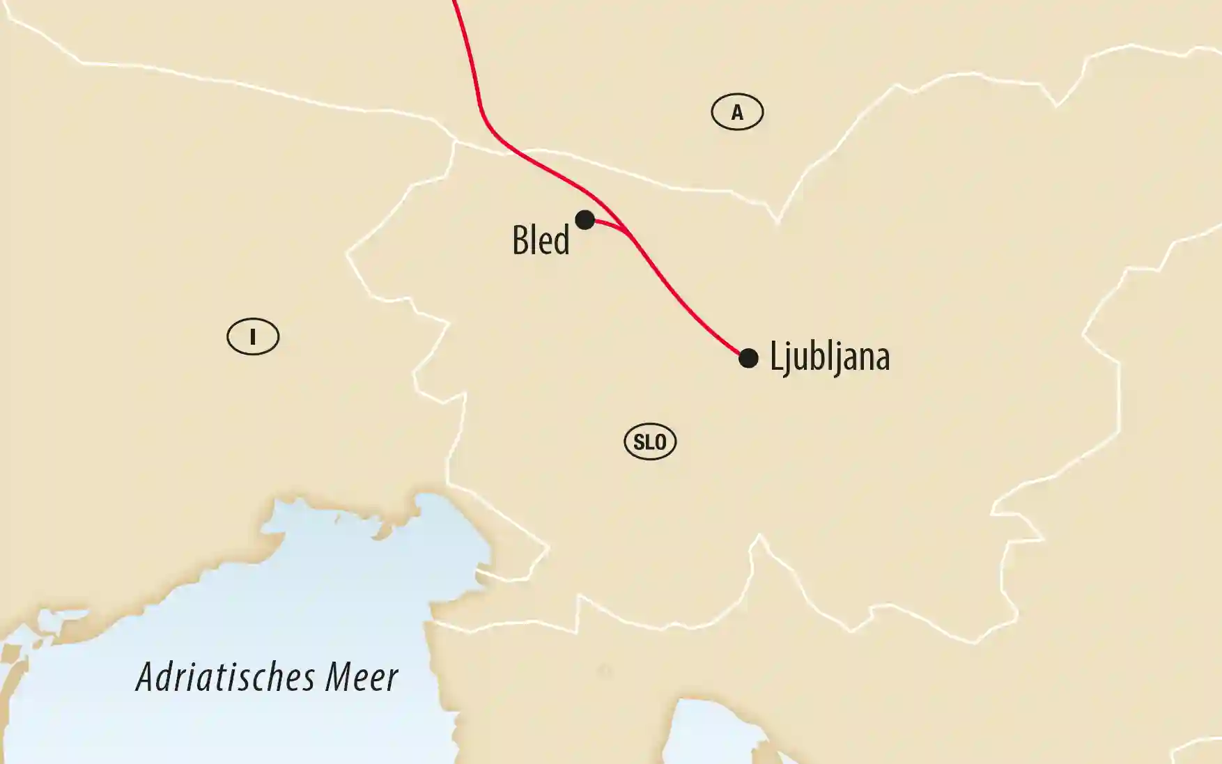 Karte von Slowenien mit eingezeichneter Reiseroute zwischen Ljubljana und Bled sowie dem Adriatischen Meer im Süden