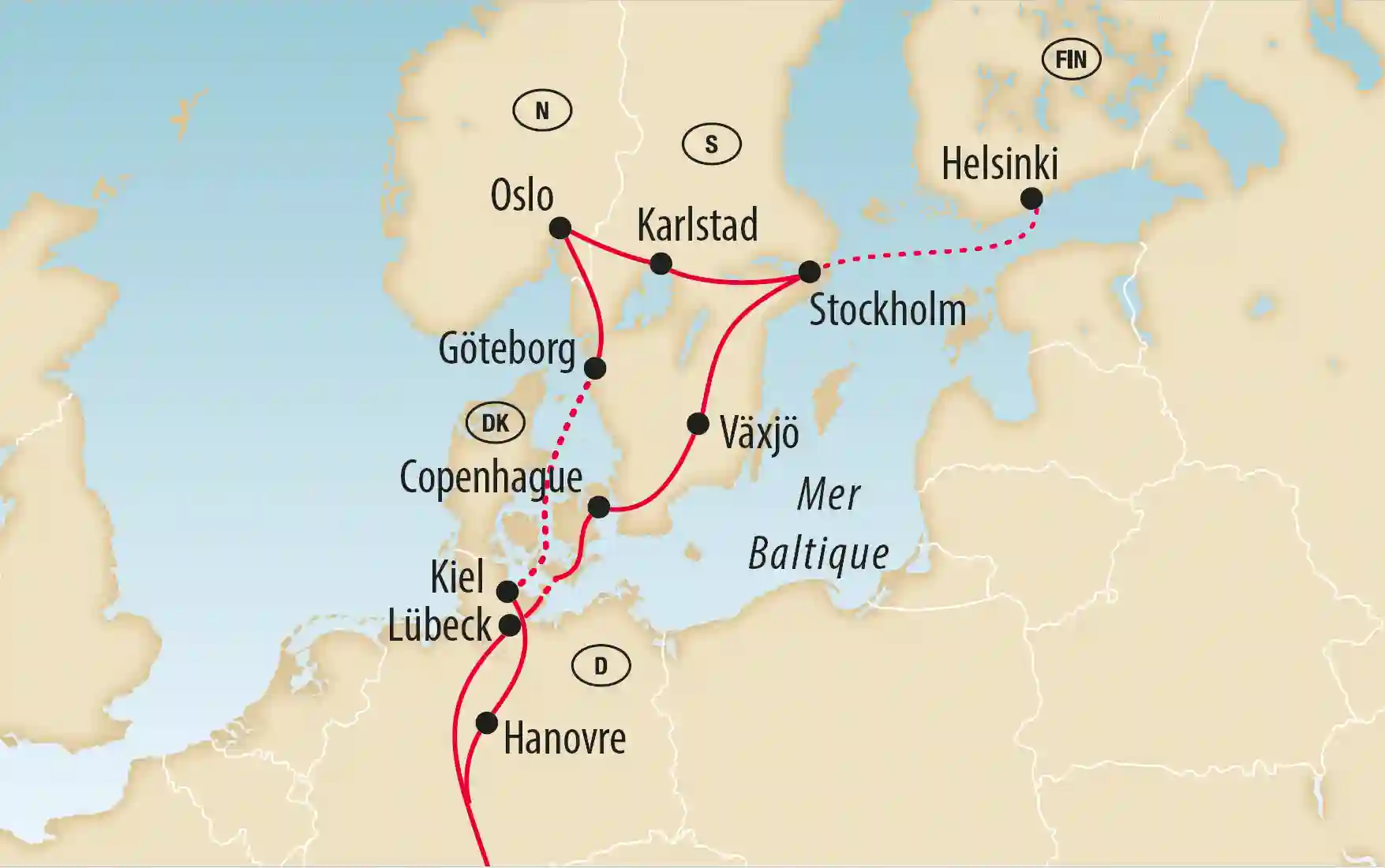 Carte de la Scandinavie montrant un itinéraire de voyage à travers l Allemagne, le Danemark, la Suède, la Norvège et la Finlande avec des étapes comme Hanovre, Copenhague, Göteborg, Stockholm, Oslo et Helsinki