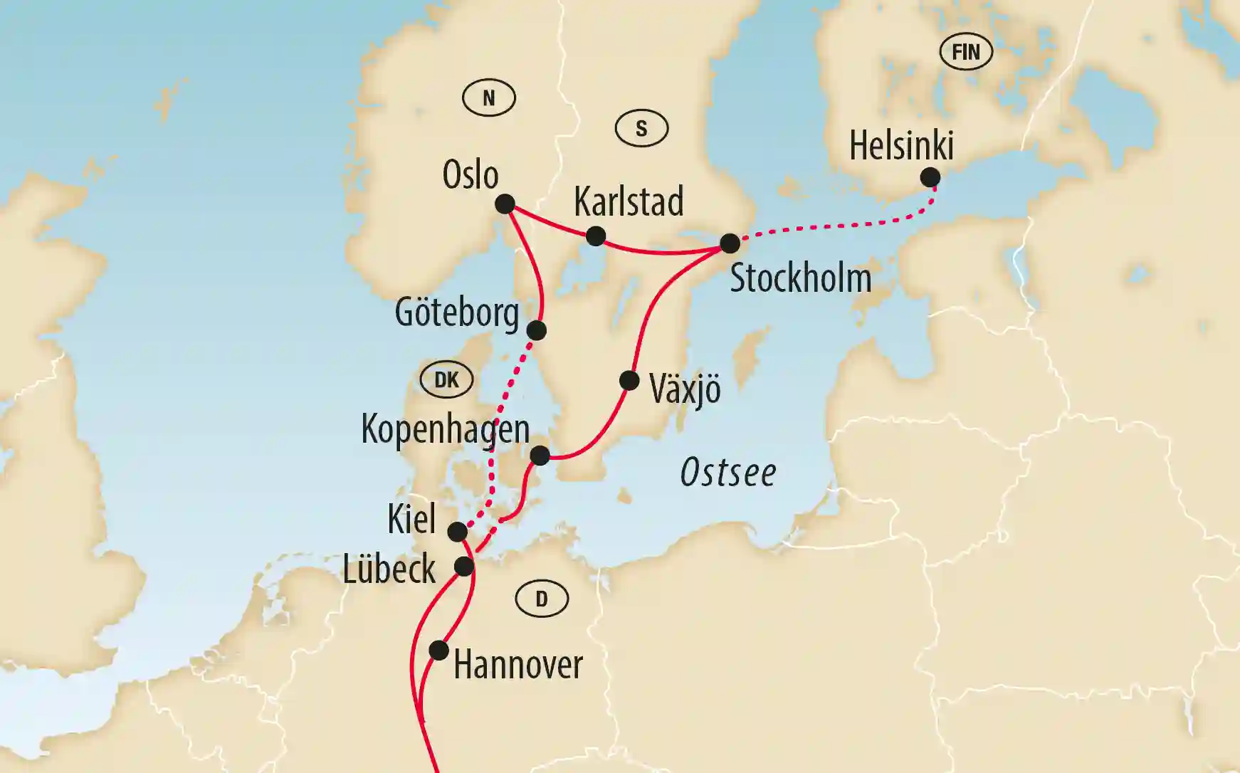 Karte von Skandinavien mit markierter Reiseroute durch Deutschland, Dänemark, Schweden, Norwegen und Finnland mit Stationen wie Hannover, Kopenhagen, Göteborg, Stockholm, Oslo und Helsinki