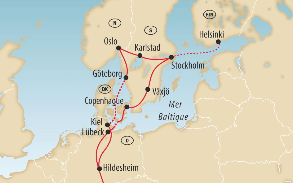 Carte de la Scandinavie montrant un itinéraire de voyage à travers l Allemagne, le Danemark, la Suède, la Norvège et la Finlande avec des étapes comme Hanovre, Copenhague, Göteborg, Stockholm, Oslo et Helsinki