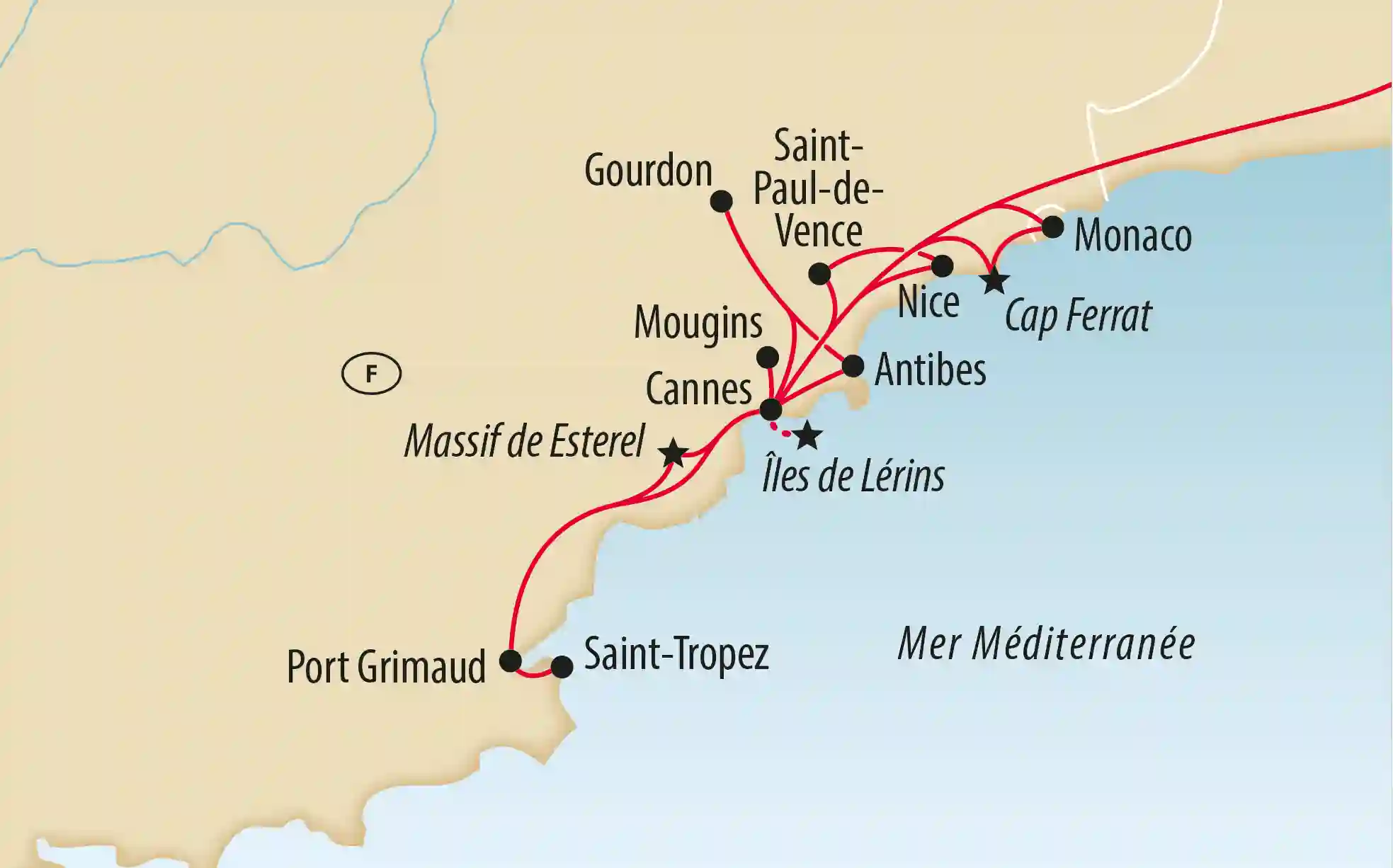 Carte d’ensemble d’un circuit sur la Côte d’Azur avec des lieux tels que Cannes, Antibes, Nice, Monaco et Saint-Tropez, indiqués en langue française
