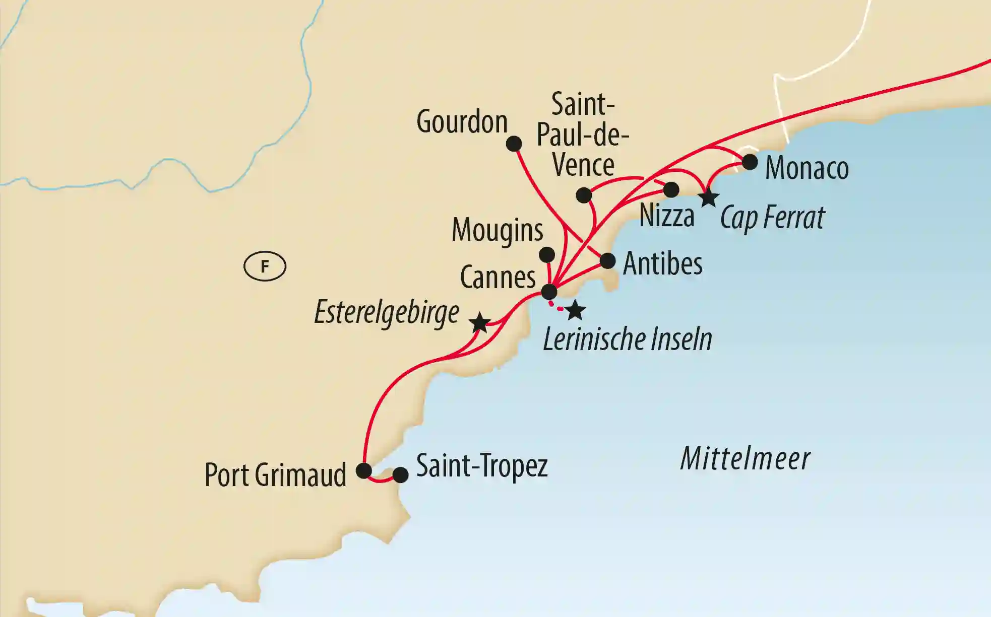 Übersichtskarte einer Rundreise an der Côte d’Azur mit Stationen wie Cannes, Antibes, Nizza, Monaco, Saint-Tropez und Port Grimaud; rote Linien markieren die Reiseroute