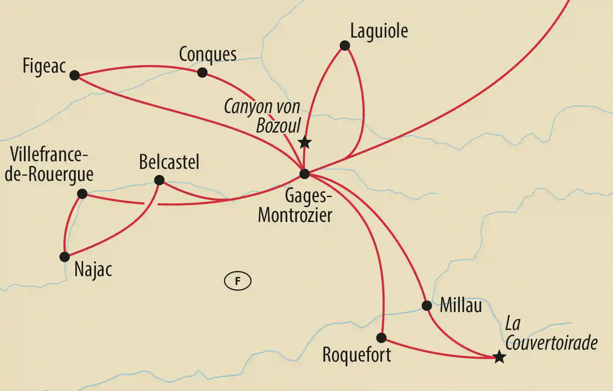 Übersichtskarte der Reiseroute in Südfrankreich mit roten Linien zwischen Figeac, Conques, Laguiole, Najac, Millau und Roquefort