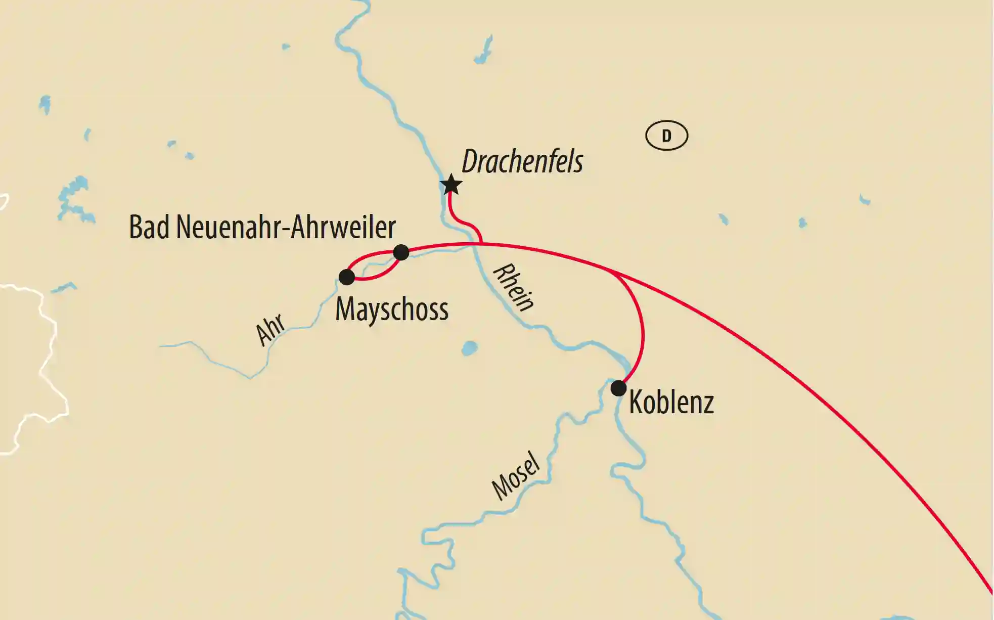 Übersichtskarte des Ahrtals mit Stationen wie Bad Neuenahr, Mayschoss, Drachenfels und Koblenz