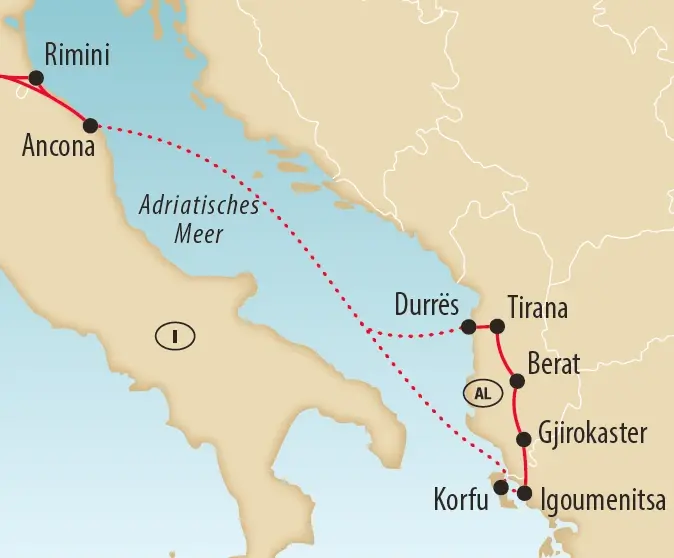 Karte der Reiseroute von Ancona über Albanien und Korfu bis Igoumenitsa.