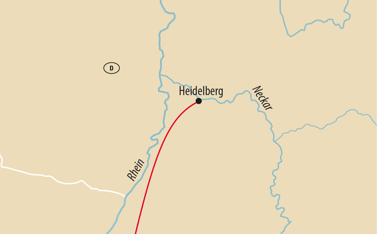 Karte der Reiseroute nach Heidelberg am Neckar.