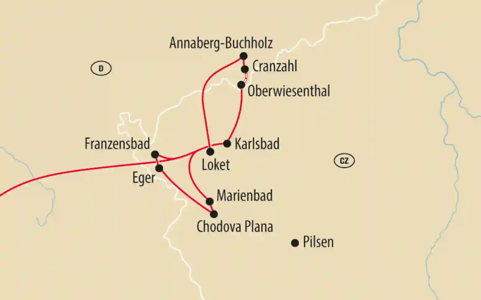 Übersichtskarte von Westboehmen mit Orten wie Karlsbad, Marienbad, Franzensbad und markierten Reiserouten