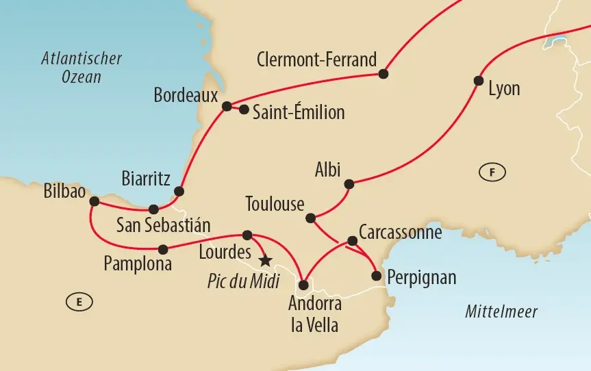 Karte mit Reiseroute durch Frankreich, Spanien und Andorra bis zur Atlantikküste.