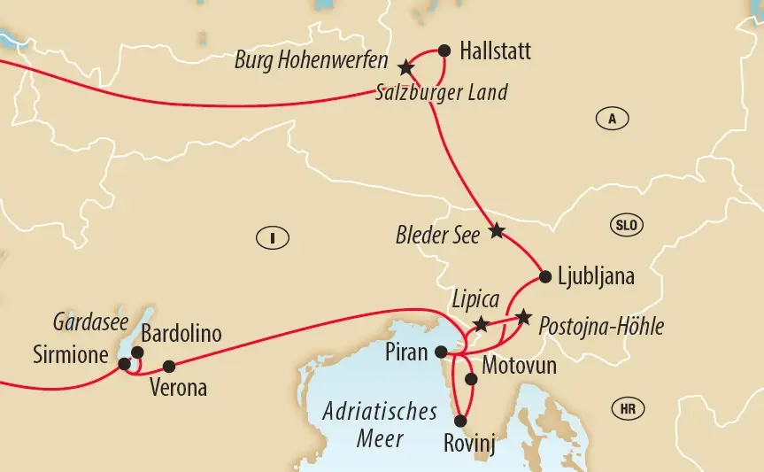 Karte mit Reiseroute über Gardasee, Slowenien, Kroatien und das Salzburger Land.
