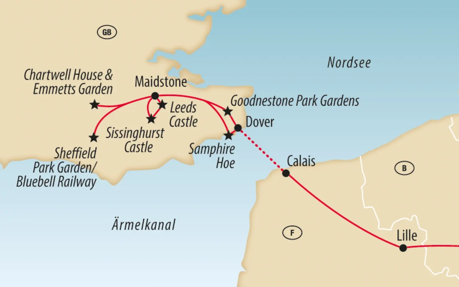 Kartendarstellung mit markierter Reiseroute zwischen London, Leeds Castle, Dover und Calais