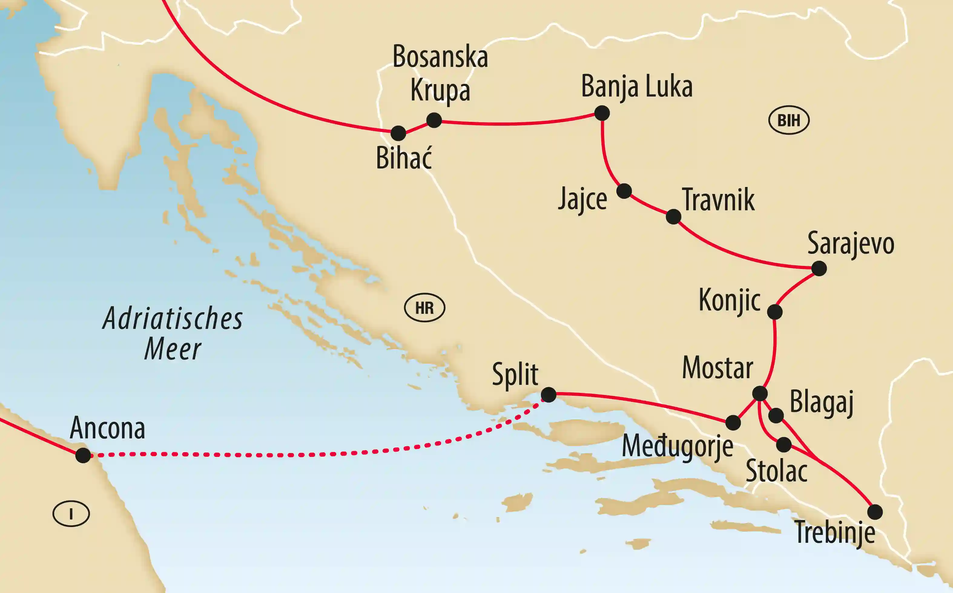 Karte der Rundreise durch Bosnien und Herzegowina mit den wichtigsten Stationen.