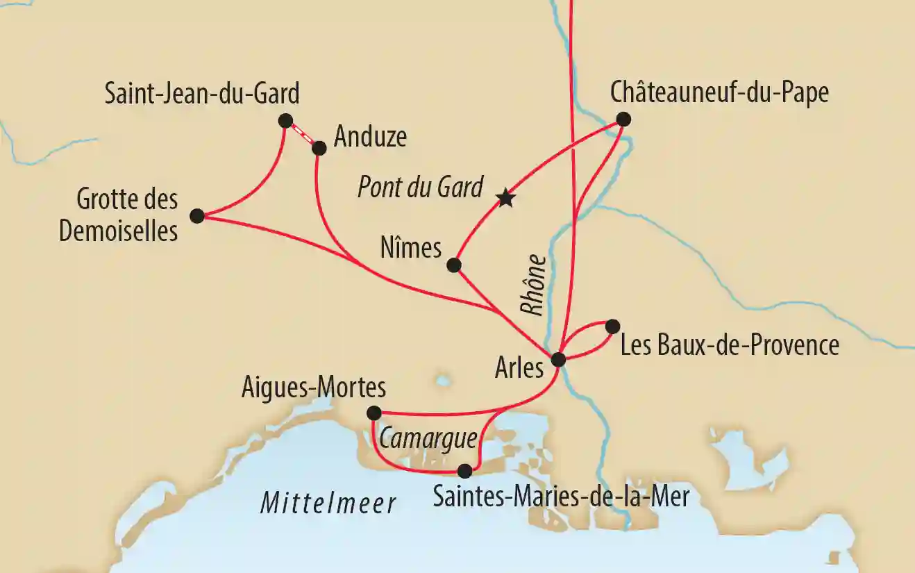 Karte der Reiseroute durch die Camargue mit Pont du Gard, Arles, Aigues-Mortes und Les Baux-de-Provence.Karte der Reiseroute durch die Camargue mit Pont du Gard, Arles, Aigues-Mortes und Les Baux-de-Provence.
