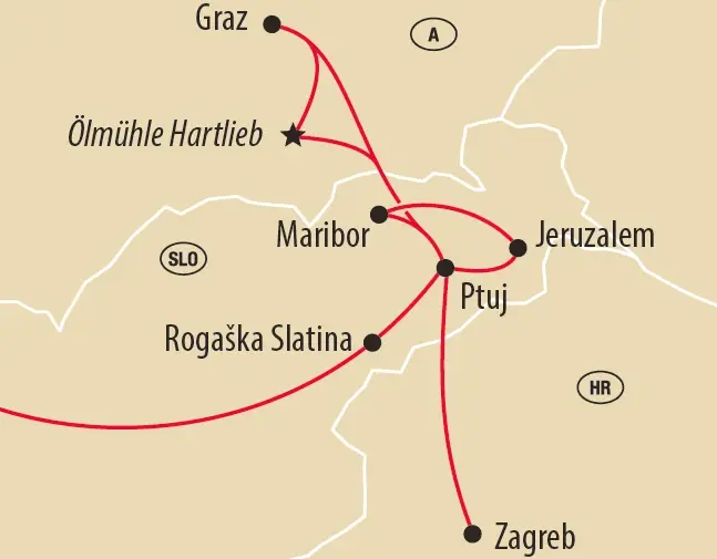 Karte der Rundreise über Graz, Maribor, Jeruzalem, Ptuj, Rogaška Slatina und Zagreb.