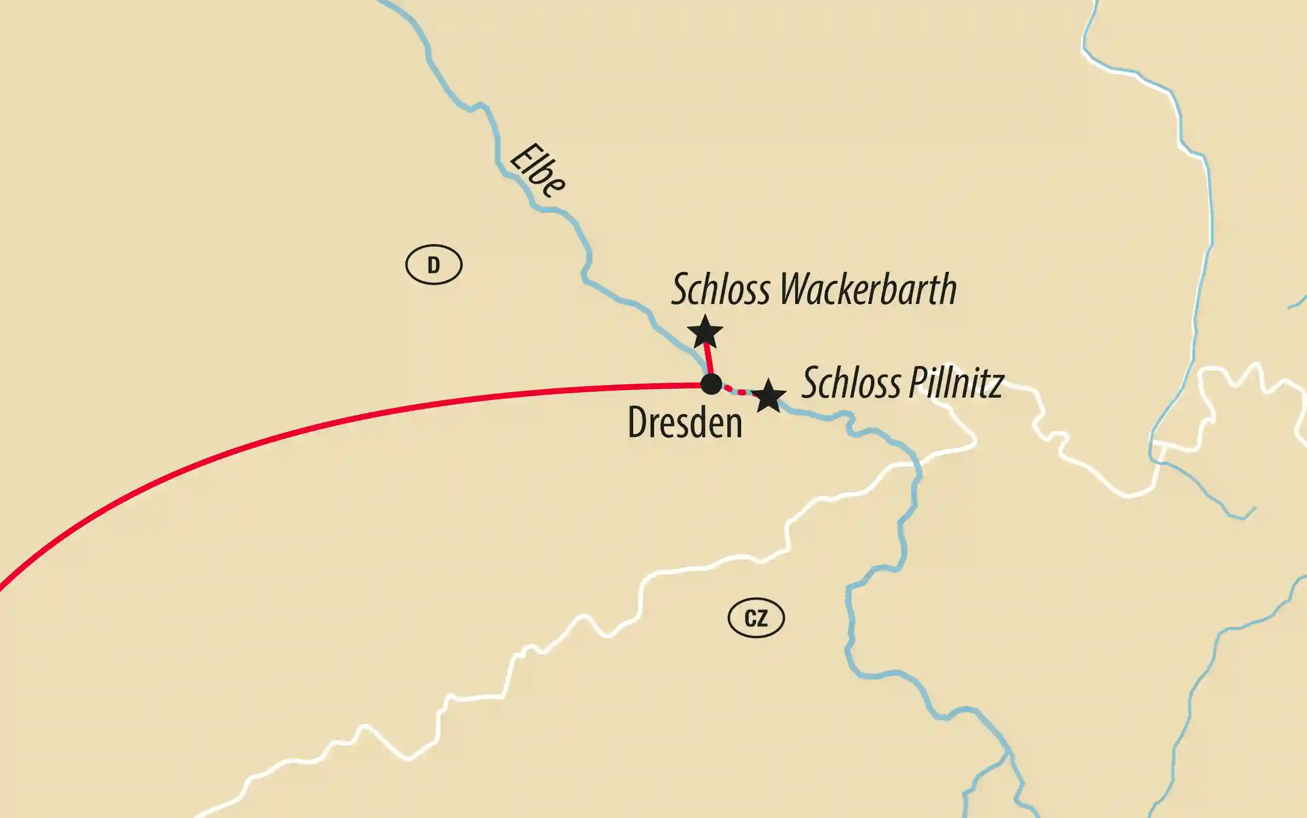 Karte der Reiseroute mit Dresden, Schloss Wackerbarth und Schloss Pillnitz entlang der Elbe.