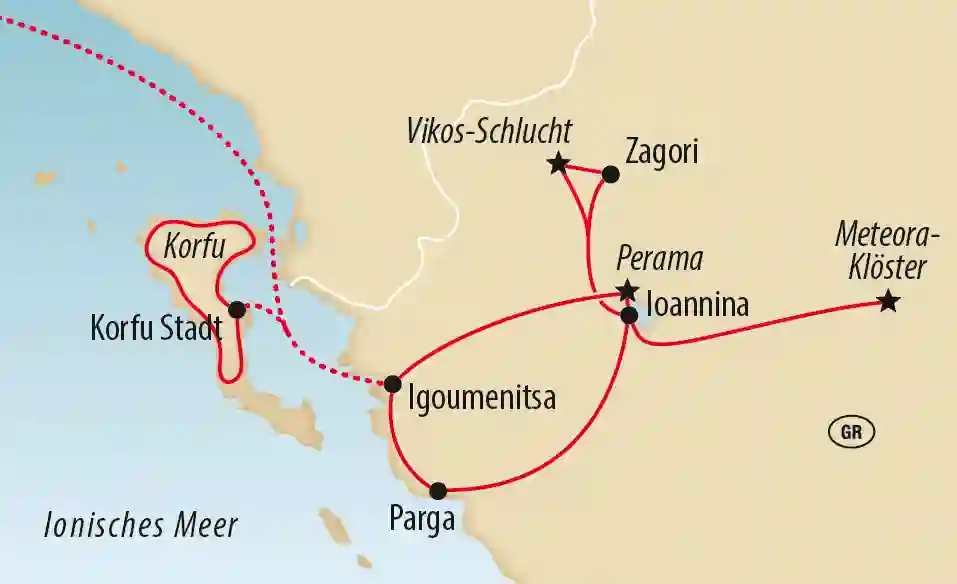 Karte von Nordwestgriechenland mit markierter Reiseroute über Korfu, Parga, Ioannina, Zagori, Vikos Schlucht und Meteora Klöster