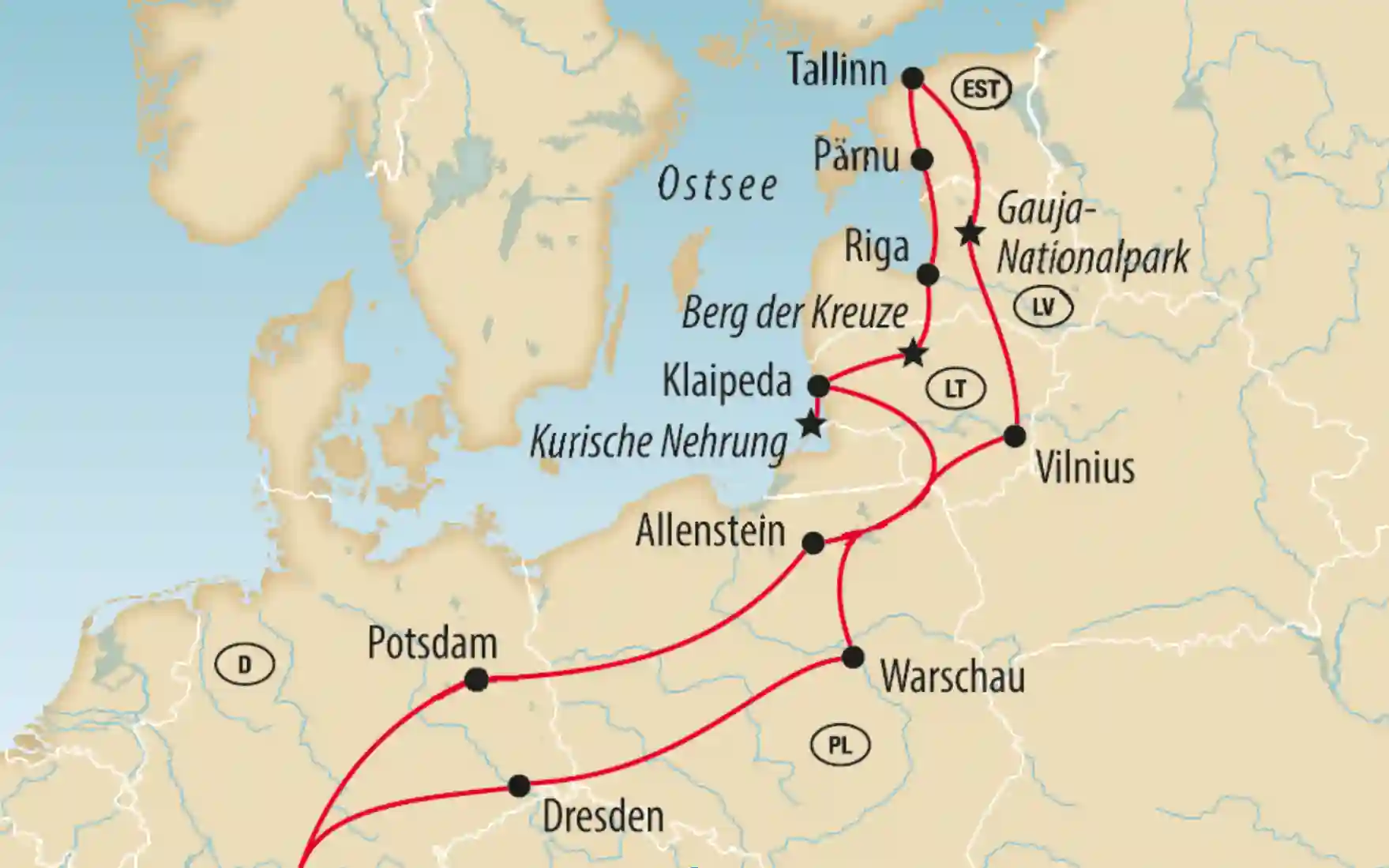 Karte zeigt eine Rundreise durch Osteuropa mit Stationen in Dresden, Potsdam, Warschau, Vilnius, Riga, Tallinn, Klaipeda und entlang der Kurischen Nehrung