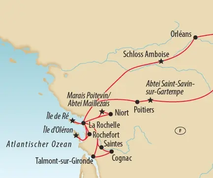 Karte der Reiseroute durch Westfrankreich mit Orléans, La Rochelle, Île de Ré, Cognac und Poitiers.