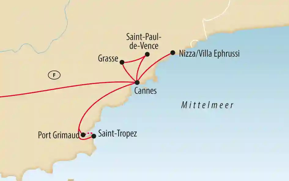 Karte der Cote d Azur mit markierter Reiseroute über Cannes, Nizza, Saint Tropez, Port Grimaud, Grasse und Saint Paul de Vence