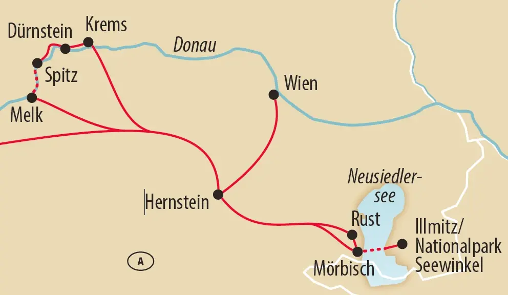 Karte der Rundreise über Wien, Wachau, Schloss Hernstein und den Neusiedler See.