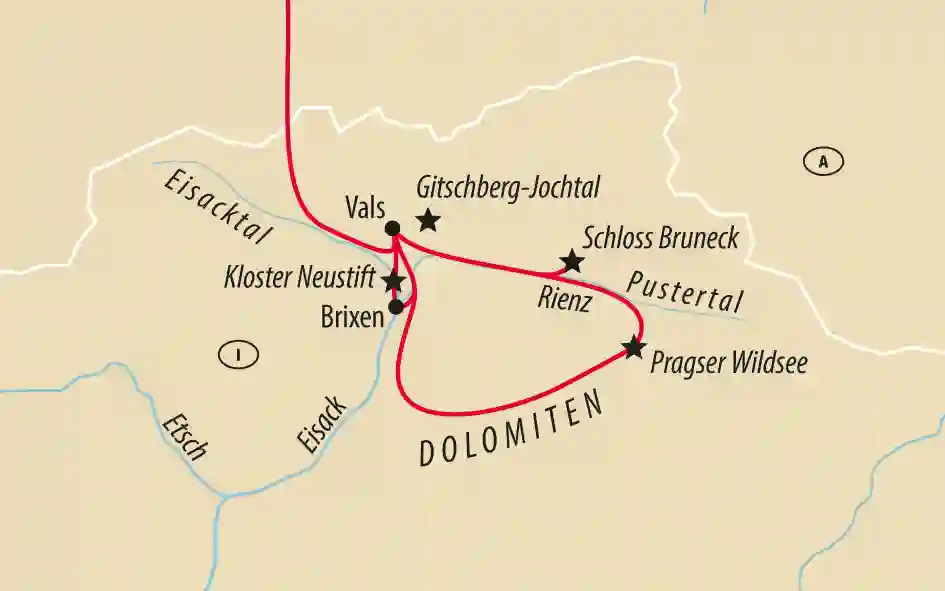 Übersichtskarte der Dolomiten mit markierter Reiseroute, Orten wie Brixen, Bruneck und Pragser Wildsee