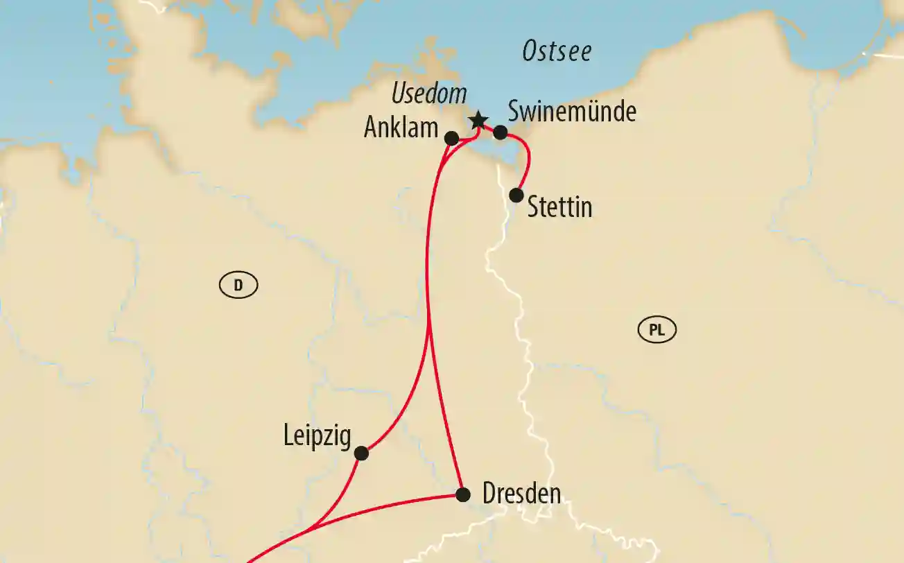 Übersichtskarte mit Reiseroute entlang der Ostsee über Dresden, Leipzig, Stettin und Usedom
