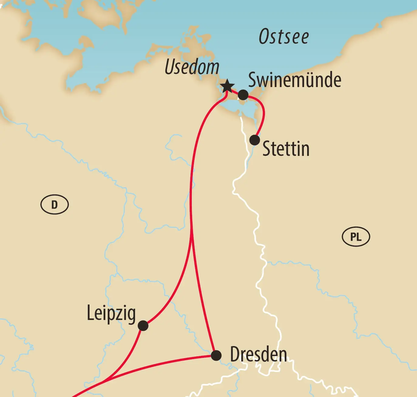 Übersichtskarte mit Reiseroute entlang der Ostsee über Dresden, Leipzig, Stettin und Usedom