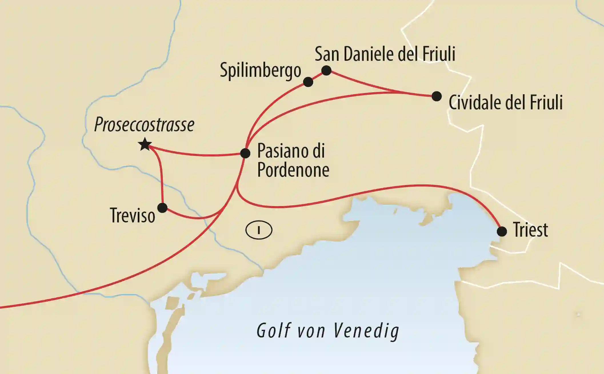 Karte der Reiseroute durch Friaul-Julisch Venetien mit Triest, Treviso und San Daniele del Friuli
