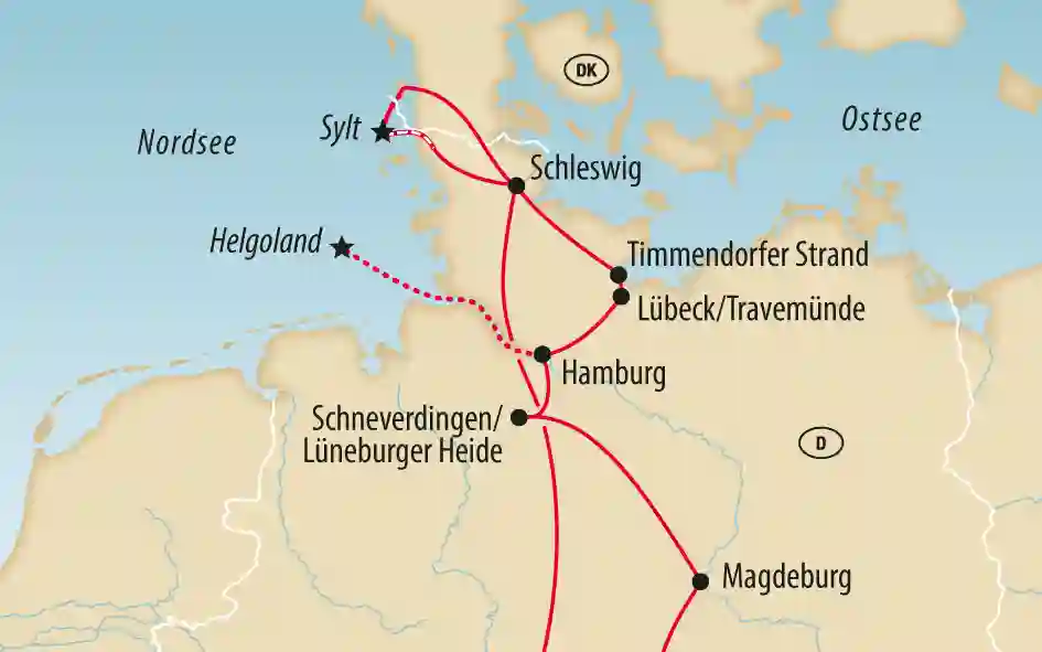 Karte von Norddeutschland mit markierter Reiseroute zu Sylt, Hamburg, Lübeck, Timmerdorfer Strand, Helgoland und Lüneburger Heide