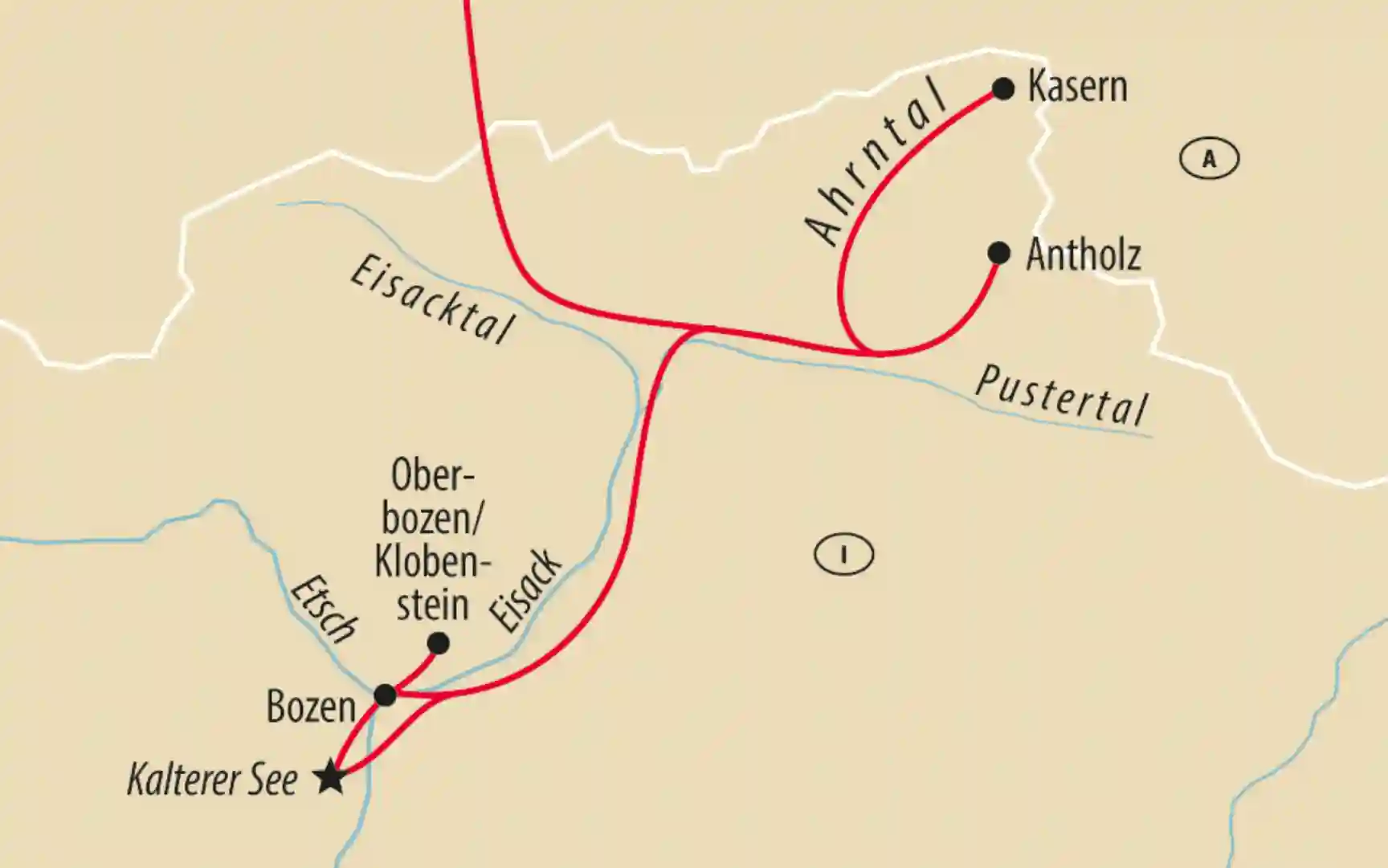 Karte von Südtirol mit markierter Reiseroute durch Eisacktal, Pustertal und Orte wie Bozen und Antholz