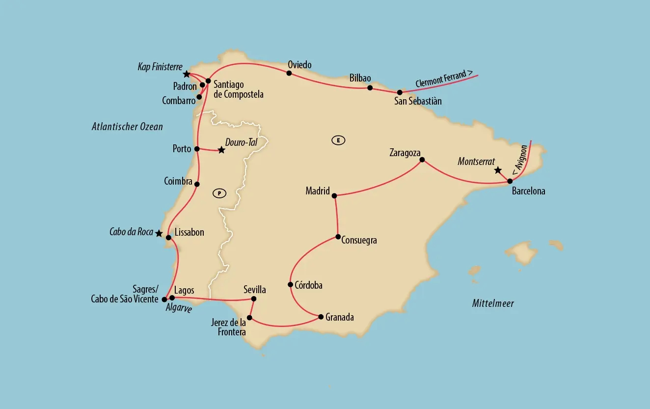 Übersichtskarte einer Rundreise durch Spanien und Portugal mit markierten Städten und Routen
