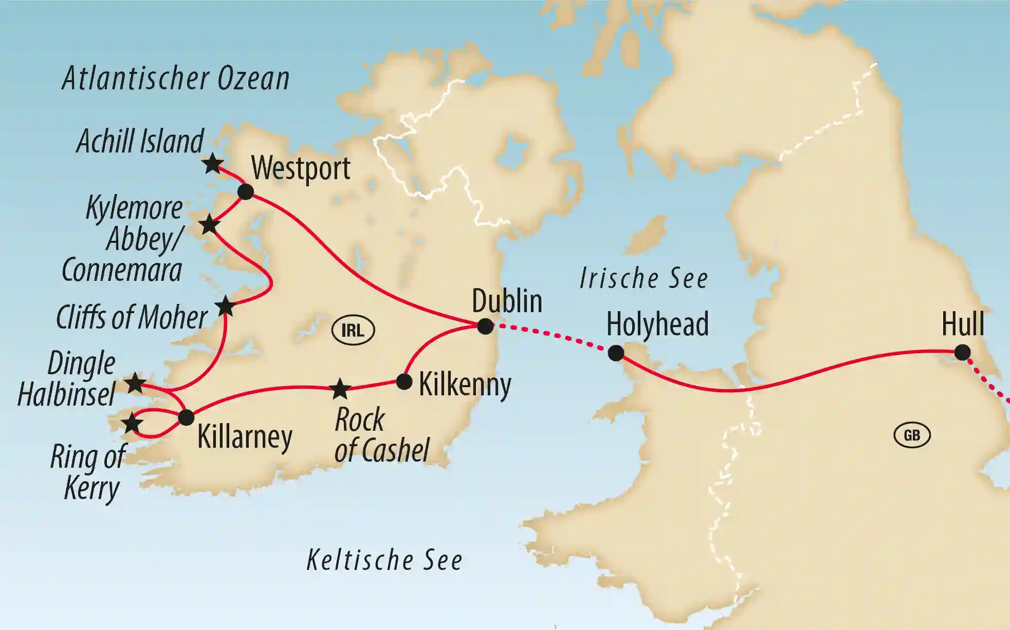 Karte zeigt Rundreise durch Irland mit Stationen wie Dublin, Ring of Kerry, Cliffs of Moher, Connemara und Westport