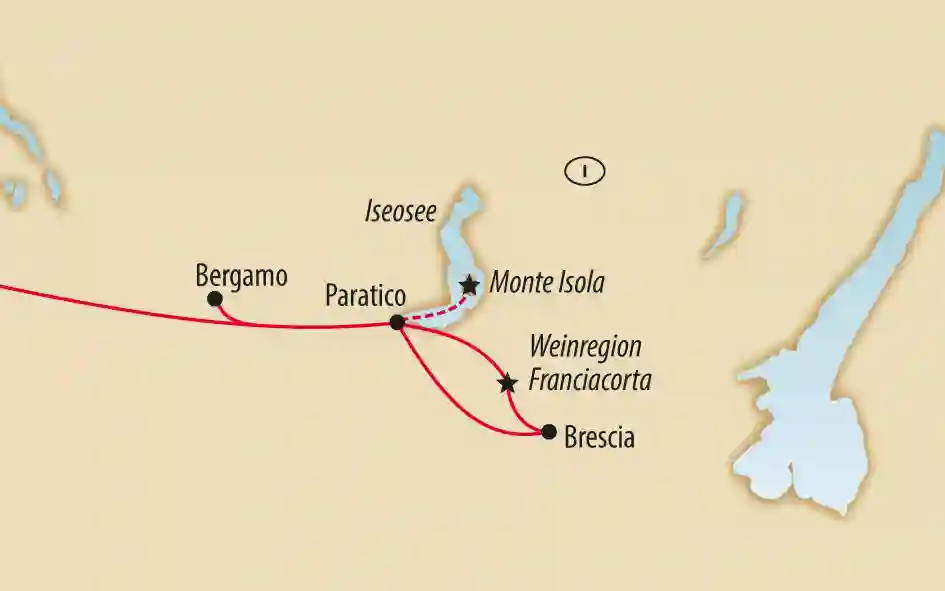 Übersichtskarte der Region Iseosee mit Reiseroute über Bergamo, Paratico, Monte Isola und Brescia