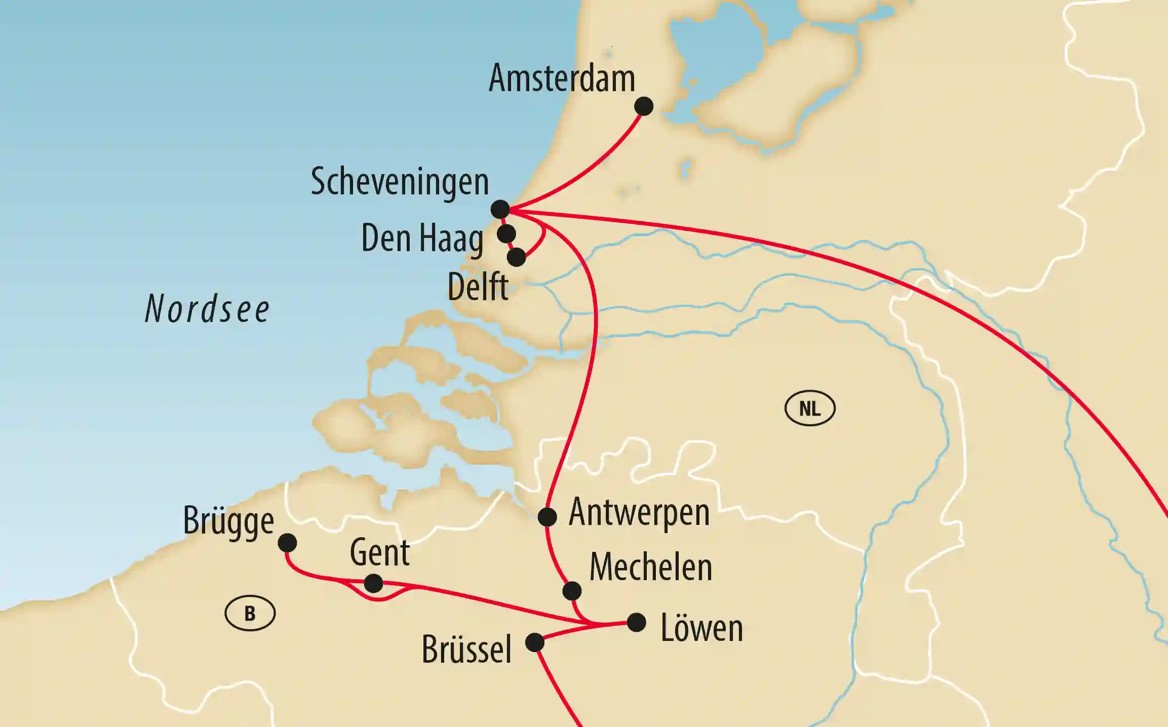 Karte der Reiseroute durch Belgien und die Niederlande mit Amsterdam, Den Haag, Brüssel und Brügge.