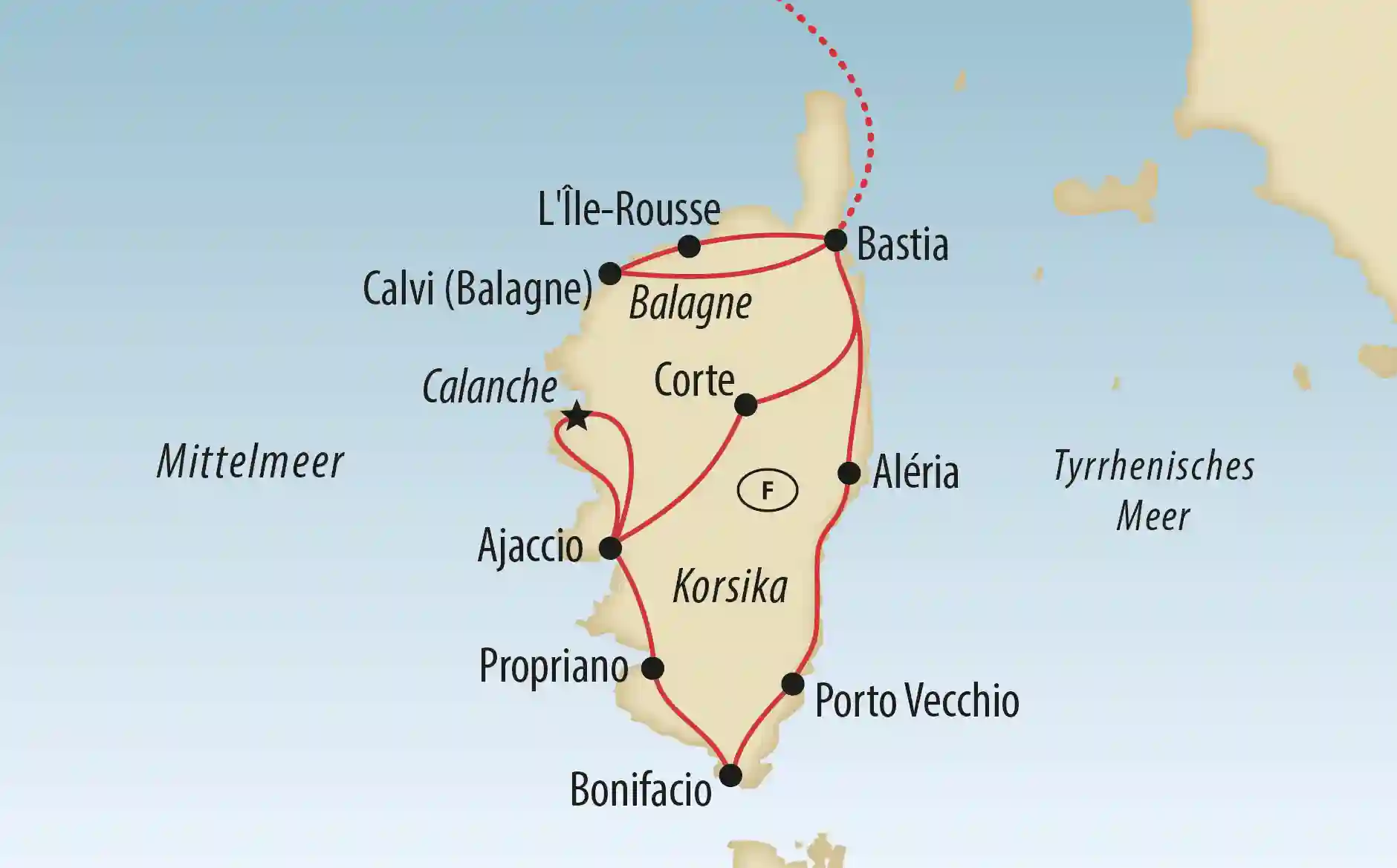 Karte der Rundreise durch Korsika mit Stationen von Bastia über Bonifacio bis Ajaccio