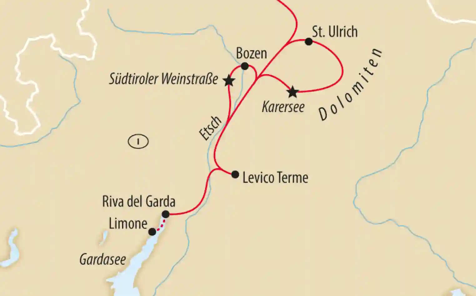 Karte zeigt eine Reiseroute durch Südtirol und das Trentino mit Stationen am Gardasee, in Bozen, am Karersee und entlang der Südtiroler Weinstrasse