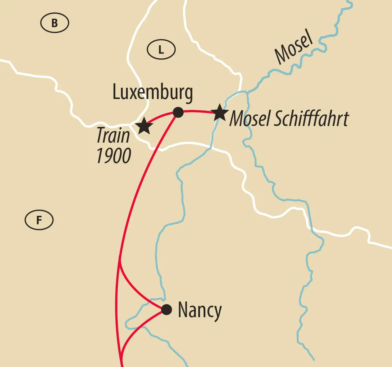 Karte einer Reise durch Luxemburg und das Moselgebiet