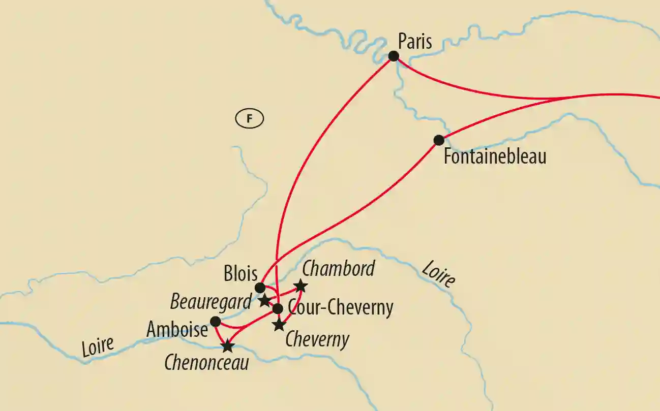 Übersichtskarte mit Reiseroute von Paris zu den Loire Schlössern Fontainebleau, Blois, Amboise, Chenonceau, Cheverny und Chambord