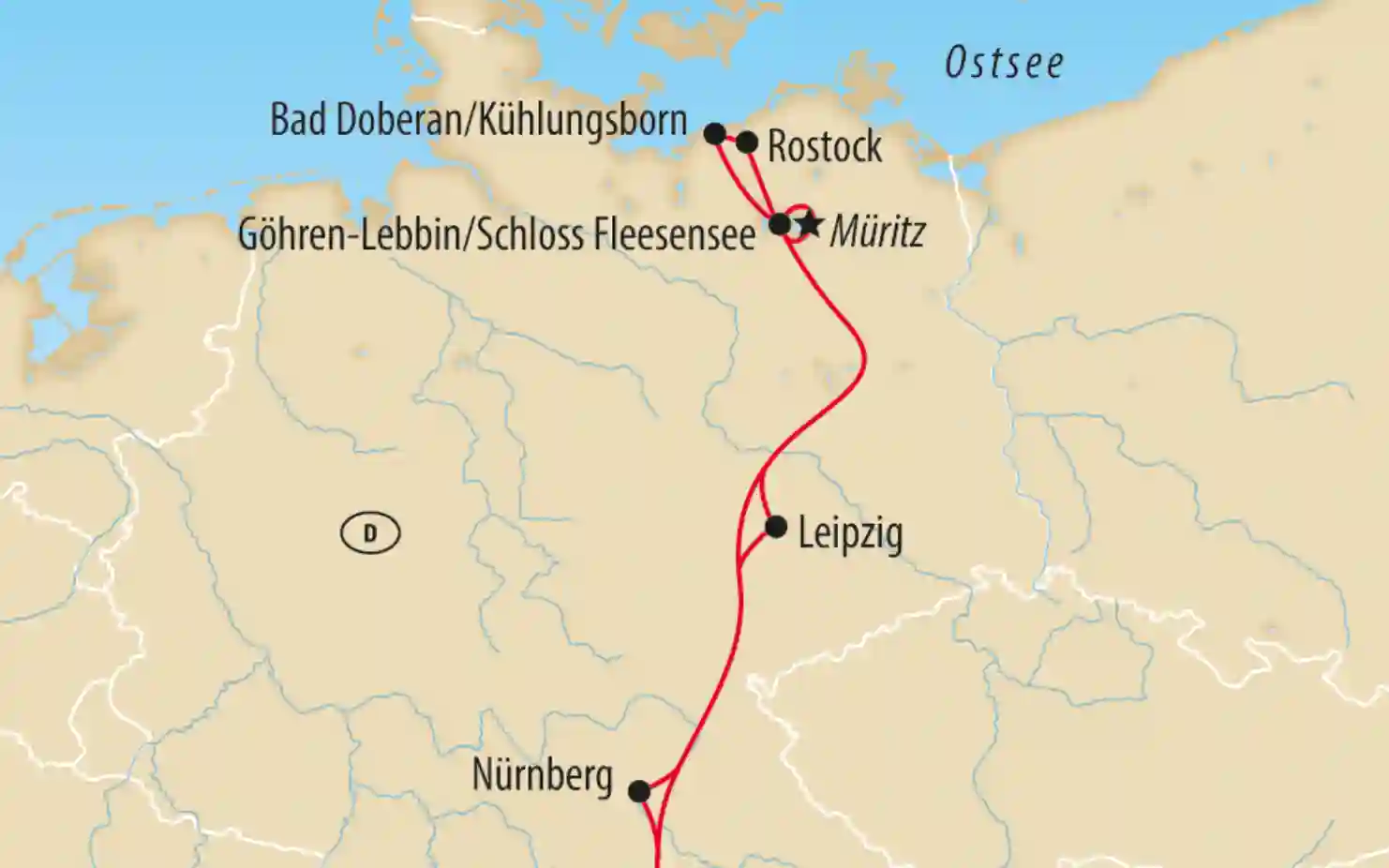 Übersichtskarte zeigt eine Reiseroute durch Deutschland mit Stationen unter anderem in Nürnberg, Leipzig, Rostock und an der Ostsee