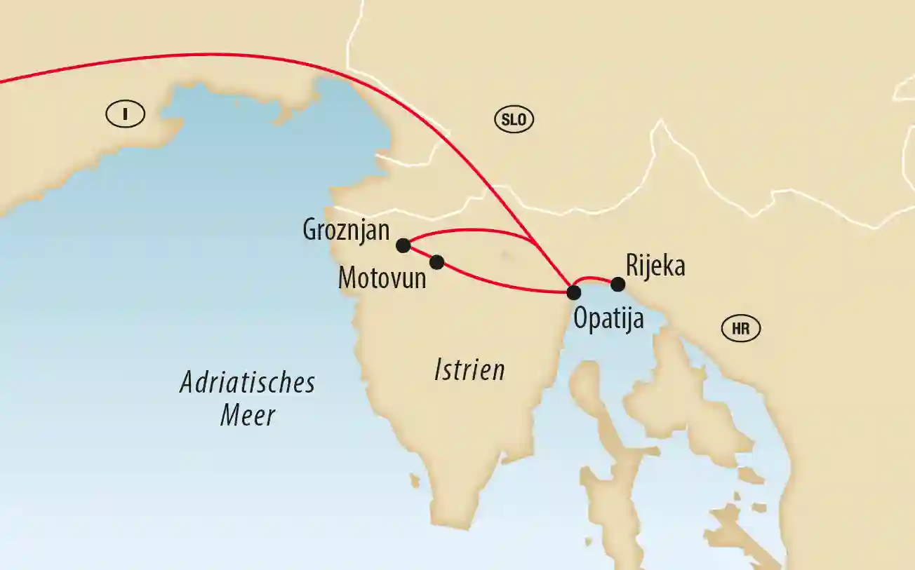 Karte von Istrien mit markierter Reiseroute zwischen Opatija, Rijeka, Motovun und Groznjan