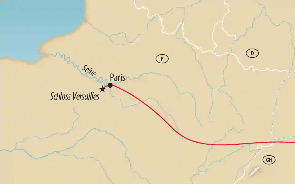 Karte der Reiseroute nach Paris mit Schloss Versailles.