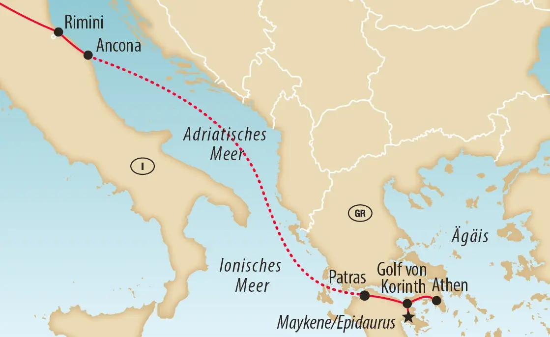 Karte mit Reiseroute von Italien über Patras nach Athen und zu den Höhepunkten Griechenlands.