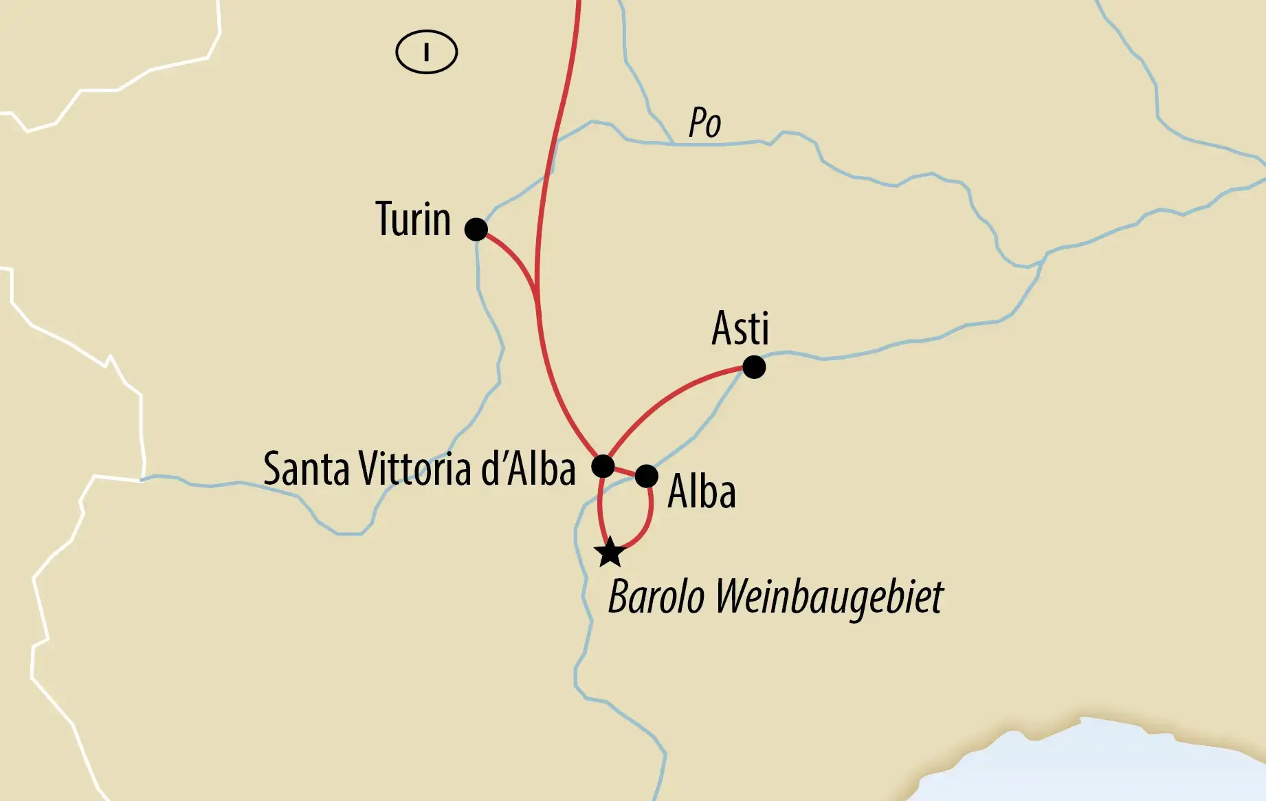 Karte der Region Piemont mit Turin, Alba, Asti und markiertem Barolo Weinbaugebiet