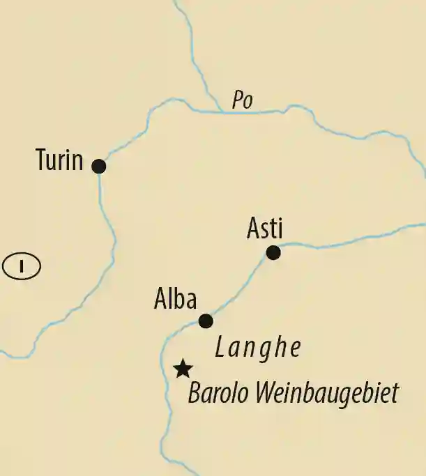 Karte der Region Piemont mit Turin, Alba, Asti und markiertem Barolo Weinbaugebiet